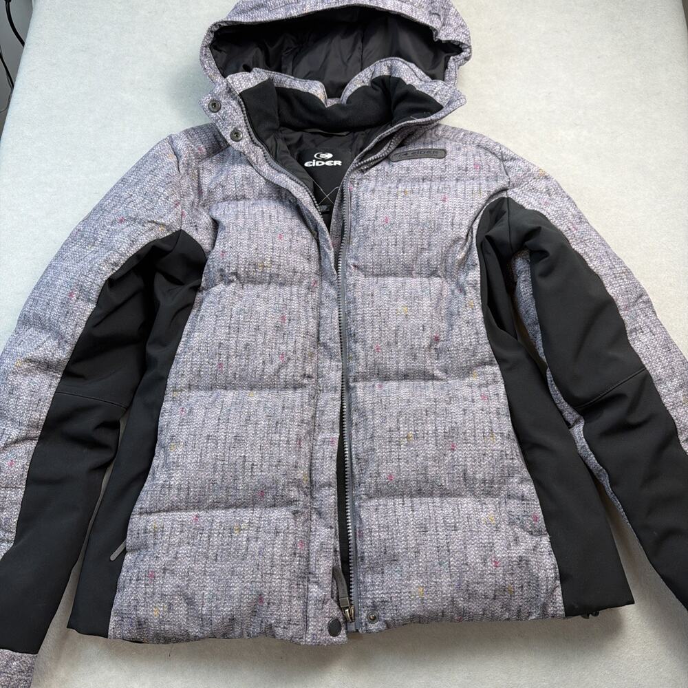 Eider Puffer Jacket Women's hooded Down defender Size US 8 gray tweed ski snow
